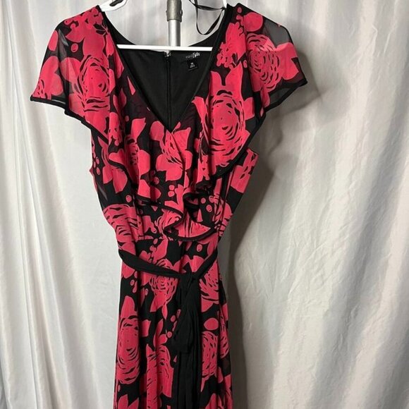 East 5th Red & Black Floral Chiffon Midi Dress Size 18 - Picture 7 of 13
